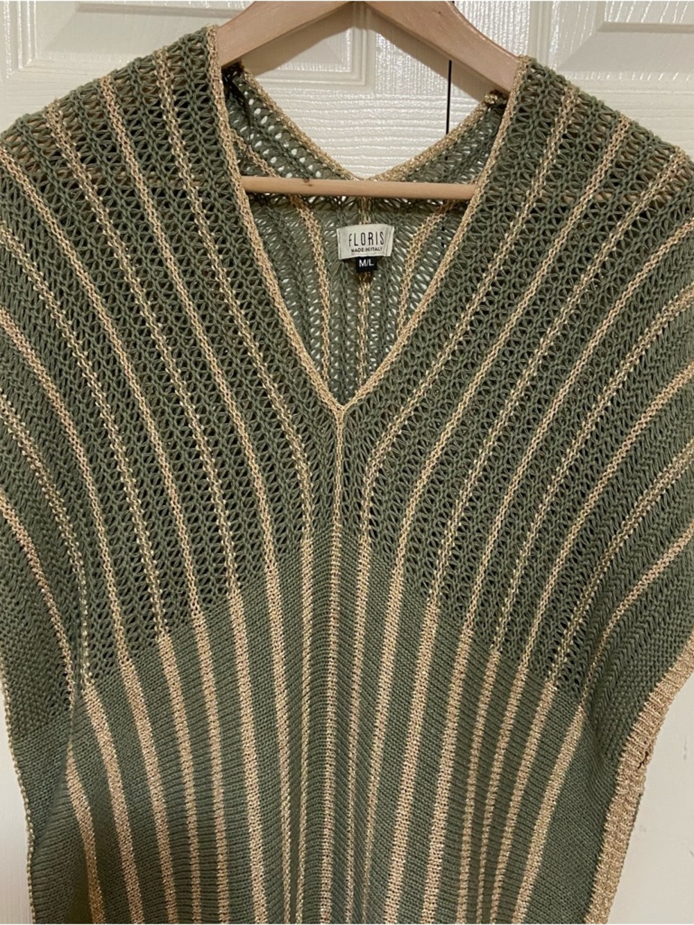 Floris Sage Green Metallic Gold Shimmer Knit Scalloped Edge Maxi Beach Cover Up - Picture 3 of 9